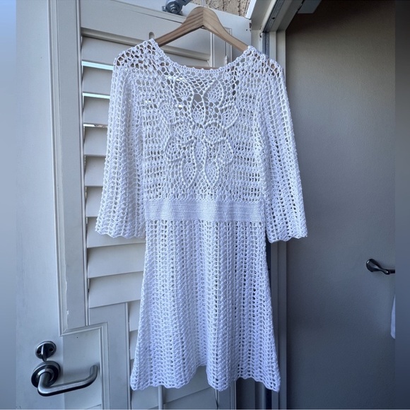 Vintage White Bohemian Y2K 90s White Crochet Bell Sleeves Mini Dress - Picture 3 of 12